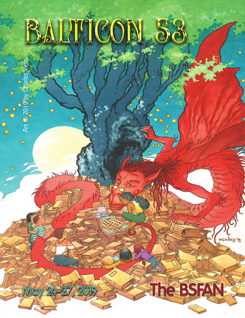 Balticon 53 BSFAN cover (dragon, book hoard, tea party with people, tree)