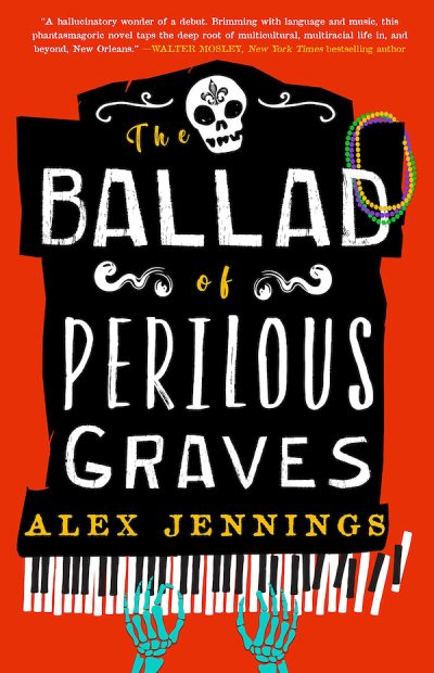 Book cover: The Ballad of Perilous Graves by Alex Jennings, Red background, black
