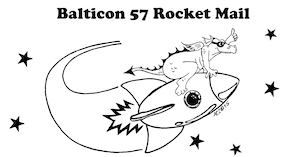 Con daily newsletter logo; Balticon 57 Rocket Mail; line drawing of dragon wearing sunglasses riding a 1930's style rocket.