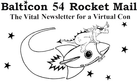 Rocket Mail logo - dragon astride an old fashioned rocketship